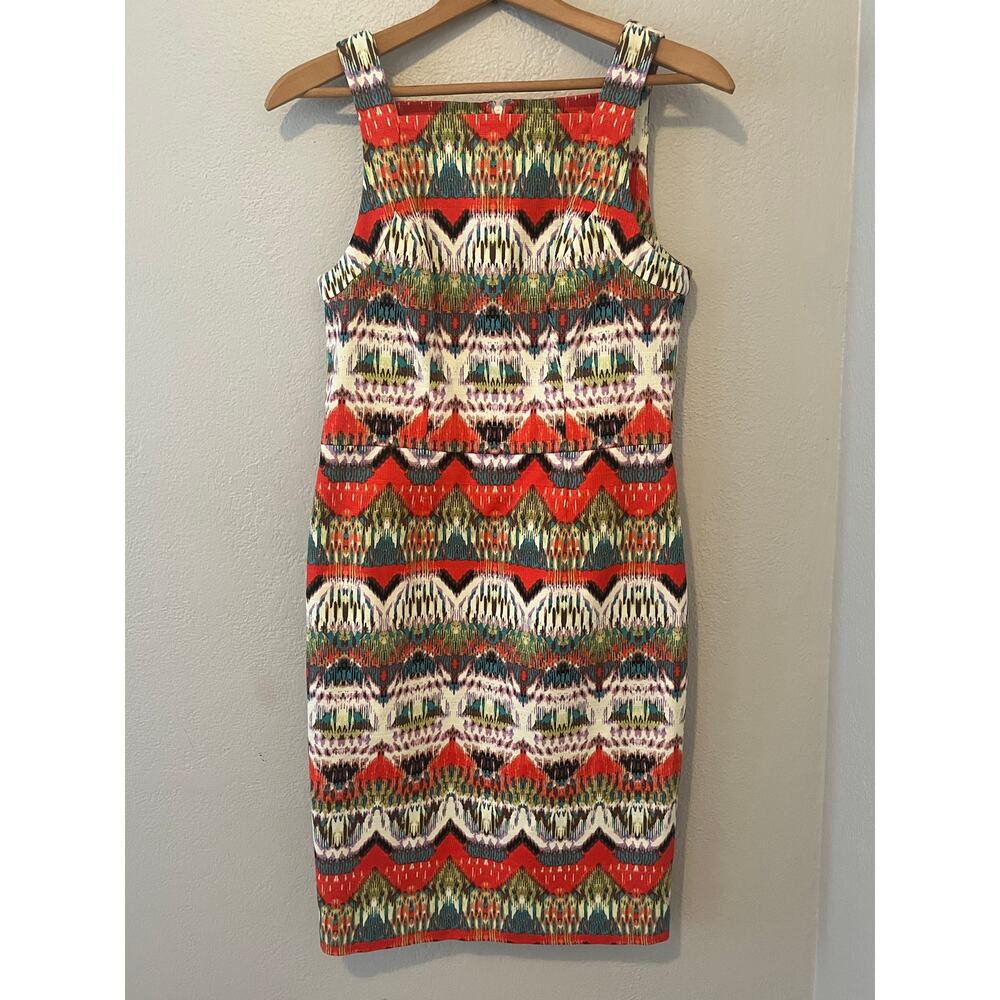 Women's Maggy London Ikat Stipe Woven Boho Sheath Dress Square Neck Size 4